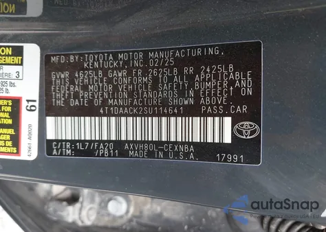 2025 Toyota Camry Le из США, поврежденный, VIN 4T1DAACK2SU114641